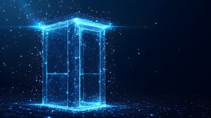 Poster - Futuristic portal illuminates a digital realm. Glowing grid beckons. Perfect for technology, data, or science fiction projects. Data stream. Modern innovation. Abstract dark blue wireframe.