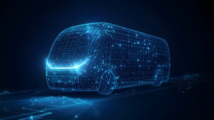Leinwandbilder - Futuristic wireframe van concept, illuminated with glowing blue lines, suggesting advanced technology and autonomous driving capabilities, radiating innovation. Abstract dark blue wireframe.