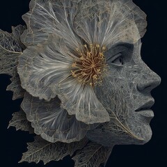 Poster - Elegant profile portrait, featuring a woman's face framed by delicate floral and leaf designs.
