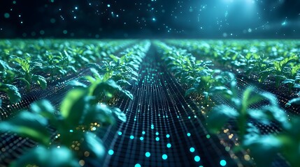 Poster - A high-tech, futuristic farm scene showcasing rows of young plants overlaid with a digital network. Glowing spheres dot the dark sky, suggesting innovation in agriculture. Abstract dark blue.