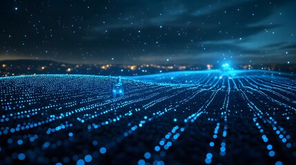 Poster - Futuristic landscape at night featuring glowing blue grid, vehicle, cityscape, and star-like dots. Ethereal and technological mood. Abstract dark blue wireframe