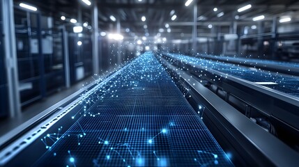 Poster - Futuristic industrial scene with a complex conveyor belt system overlaid with a digital network. Data flows across the warehouse floor, highlighting automation. Abstract dark blue wireframe.