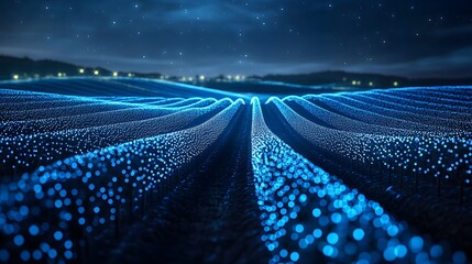 Aufkleber - Night scene featuring luminous blue lights illuminating crop rows, creating a futuristic agricultural landscape under a starry sky. Serene blend of technology and nature. Abstract dark blue wireframe
