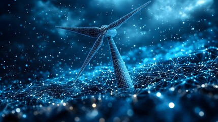 Aufkleber - A mesmerizing, blue-toned digital artwork featuring a wireframe wind turbine amidst a futuristic, interconnected landscape. Captures innovation and renewable energy, Abstract dark blue wireframe