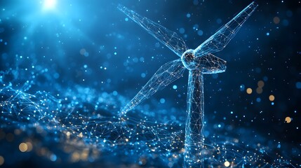 Aufkleber - Futuristic wind turbine art, powered by clean energy, glows in a digital landscape. Representing innovation, sustainability, and a bright future. Abstract dark blue wireframe.