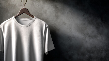 Aufkleber - White cotton t-shirt on wooden hanger against dark textured background Mockup for design showcasing apparel, free space for text or logo