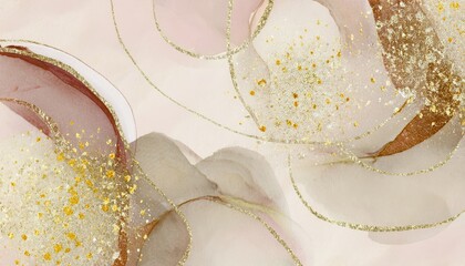 Fototapete - luxury beige abstract background with flowing gold foil curves and glitter dust for branding, web design, packaging or elegant print media

