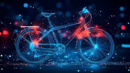 Poster - Futuristic bicycle wireframe glows with vibrant blues and reds against a dark backdrop, creating a modern, tech-infused aesthetic, perfect for transportation concepts. Abstract dark blue wireframe