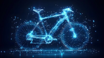 Leinwandbilder - Futuristic bicycle artfully rendered with glowing blue lines, evoking a high-tech, wireframe aesthetic. Intricate network of connections extends into surrounding space. Abstract dark blue wireframe.