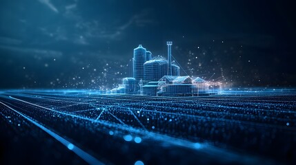 Fototapete - Futuristic cityscape blueprint rendered in blue wireframe, showcasing high-rise buildings and industrial structures on a grid. Bokeh lights enhance the depth. Abstract dark blue wireframe