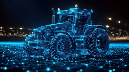 Leinwandbilder - A blue wireframe tractor dominates, showcasing agricultural machinery in a futuristic style. The digital ground and bokeh background enhance its high-tech aesthetic. Abstract dark blue wireframe
