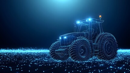 Leinwandbilder - Futuristic wireframe tractor gleaming under intense blue light. Networked node surface enhances the tech vibe. Striking dark blue gradient background. Ideal Abstract dark blue wireframe.