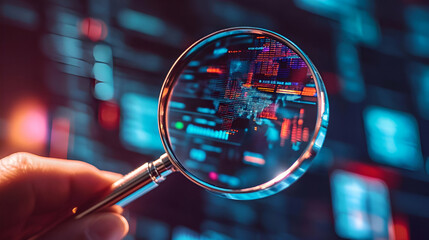 Hand Holding Magnifying Glass Over Colorful Digital Data on Screen