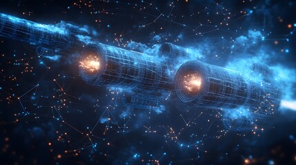 Aufkleber - Futuristic technology core glows with energy. Blue wireframes surround potent orange lights, creating a high-tech, ethereal network. Ideal for science, innovation, Abstract dark blue wireframe.