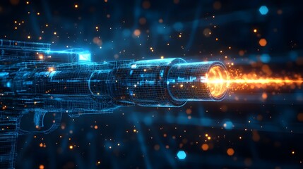 Poster - Futuristic gun design emitting a powerful energy blast. The wireframe glows blue against a dark backdrop with bokeh lights, perfect for sci-fi or gaming visuals. Abstract dark blue wireframe