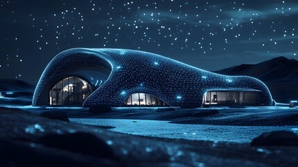 Poster - Futuristic blue wireframe building dominates the scene. Glowing structure with office interior, surrounded by textured landscape under a starry sky. Ideal for tech concepts. Abstract dark blue