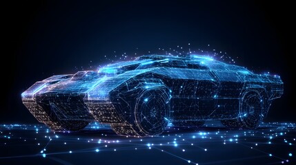 Aufkleber - Futuristic car concept art showcases a glowing blue wireframe model on a grid. Sleek, technological design evokes innovation and digital transport. Modern aesthetic. Abstract dark blue wireframe.