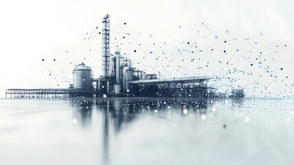 Aufkleber - Futuristic refinery blending industry and technology. Data visualization overlays an oil plant, mirrored below. A modern, abstract view of industrial complexity. Abstract dark blue wireframe