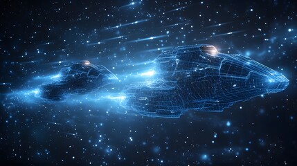 Aufkleber - Blue wireframe spaceships speed through a vibrant starfield, light streaking past as they navigate the cosmos. A captivating scene hinting at exploration and Abstract dark blue wireframe.