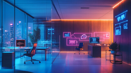 Poster - Modern Futuristic Office at Night with City View