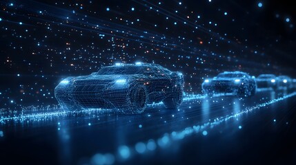 Leinwandbilder - Futuristic self-driving cars navigate a glowing virtual highway at night. Wireframe design & vibrant data swarms evoke advanced tech. Perfect for Abstract dark blue wireframe visuals.