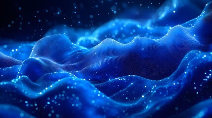 Aufkleber - Abstract blue dot landscape evokes rolling hills, depth, and texture. Bright blue circles add dynamism and an ethereal quality against a dark blue background. Abstract dark blue wireframe