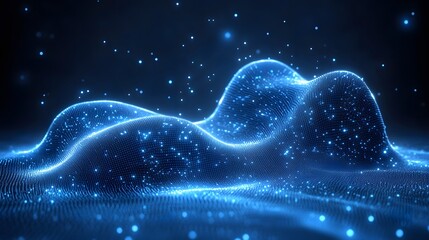 Fototapete - A luminous sea of blue dots creates an abstract, technological landscape. The glowing points define peaks and valleys in this sparkling digital environment. Abstract dark blue wireframe.