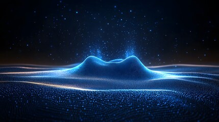 Fototapete - Vibrant digital landscape with a celestial backdrop. Blue dots form a wavy terrain illuminated by golden light. A vast, luminous, abstract space perfect for backgrounds. Abstract dark blue wireframe