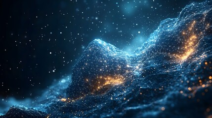 Fototapete - A digital landscape of glowing blue lines and golden nodes forms an abstract terrain. Stars speckle the dark background, creating depth. Futuristic technology Abstract dark blue wireframe