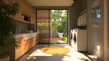 Aufkleber - Modern Laundry Room with Natural Light and Wooden Cabinets