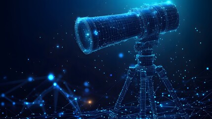 Poster - Futuristic blue wireframe telescope on tripod, a modern astronomical tool. The abstract background enhances the technological feel. Ideal for science, innovation, or Abstract dark blue wireframe.