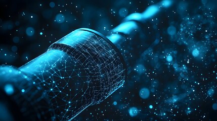 A glossy cylinder wrapped in a digital web glows against a bokeh background. Its network effect suggests connectivity and technology. Modern, sleek with Abstract dark blue wireframe.