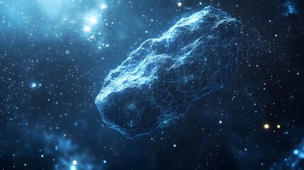 Poster - Futuristic asteroid aglow with digital networks drifts in deep space. Evokes advanced technology amidst cosmic beauty. Ideal for sci-fi, tech concepts. Abstract dark blue wireframe