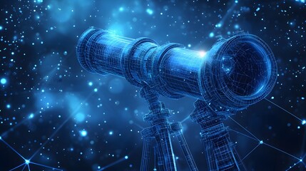 Aufkleber - Digital telescope wireframe stands against a cosmic blue starfield. Fine lines create its form, evoking scientific precision. A celestial, futuristic view of exploration. Abstract dark blue wireframe