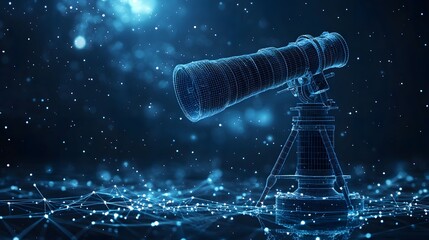 Poster - A digital telescope observing a starry expanse, rendered in a futuristic wireframe. The technological landscape hints at advanced research. Ideal for astronomy, science, Abstract dark blue wireframe.
