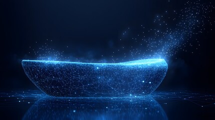 Aufkleber - Futuristic blue bowl illuminates a reflective surface, casting a spellbinding glow. Wireframe design and starry particles create a high-tech, digital vibe. Ideal for Abstract dark blue wireframe.