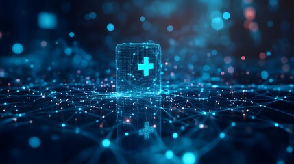 Aufkleber - Futuristic battery concept with glowing mesh and network background. Perfect for illustrating energy, technology, and medical advancements. Visualizing innovation and power. Abstract dark blue