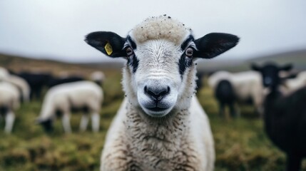 Poster - Close-up portrait of a curious Icelandic sheep, its black and white face framed against a blurred background of other sheep grazing on a misty hillside. : Generative AI