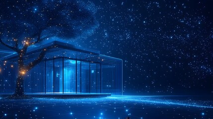 Aufkleber - Futuristic scene featuring a glowing tree, transparent building, and interconnected ground with a starry sky. Ideal for tech, innovation, and design visuals. Abstract dark blue wireframe