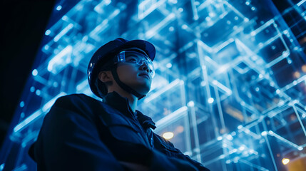 Fototapete - Night Portrait of a Male Worker in a Helmet, Looking Up at a Glowing Blue City Structure