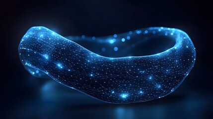 Poster - Futuristic glowing ring made of interconnected blue lines and nodes, set against a blurred dark backdrop. Suggests advanced technology and connectivity. Ideal for Abstract dark blue wireframe.