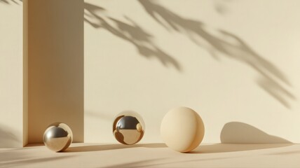 Fototapete - Minimalist Arrangement of Metallic and Beige Spheres on a Neutral Background