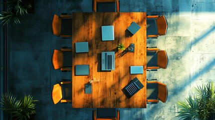 Poster - Overhead View of Modern Conference Room with Wooden Table and Orange Chairs