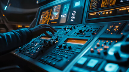 Poster - Person Operating Futuristic Control Panel with Glowing Blue Interface