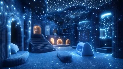 Leinwandbilder - Futuristic wireframe room with glowing portals, stylized furniture, and a data screen. Blue grid and scattered lights create a science fiction aesthetic. Abstract dark blue wireframe