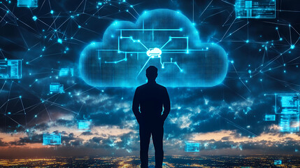 Poster - Silhouette of a Person Contemplating a Digital Cloud Network Over a City at Night