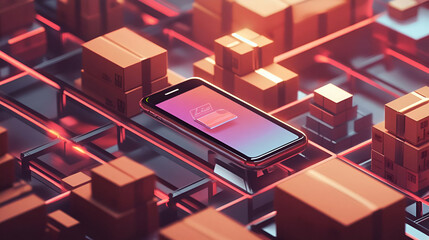Poster - Smartphone Displaying Package Delivery App Above Isometric Warehouse