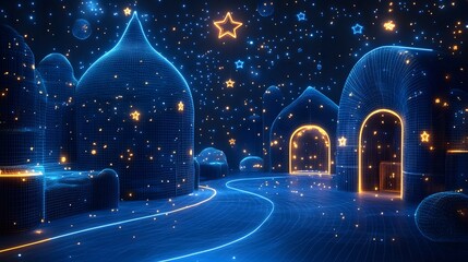 Fototapete - A surreal, futuristic landscape with glowing grid domes and archways, bathed in ethereal light. Digital rendering with dreamlike qualities for stock photo optimization. Abstract dark blue wireframe