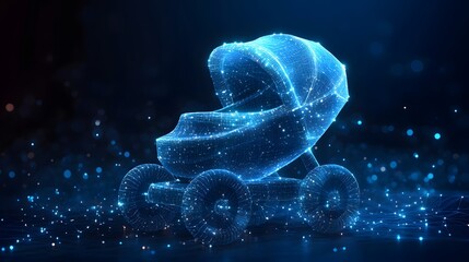 Fototapete - Futuristic baby stroller concept visualized with a glowing blue wireframe against a dark backdrop. High-tech design meets classic functionality. Ideal for innovation themes. Abstract dark blue
