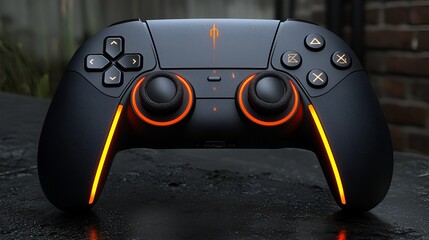 Sleek black gaming controller with orange accents.